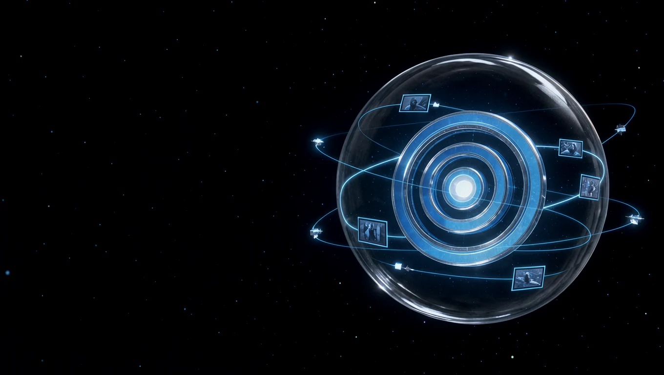 Evidence frames orbiting a glowing seal inside a glass sphere