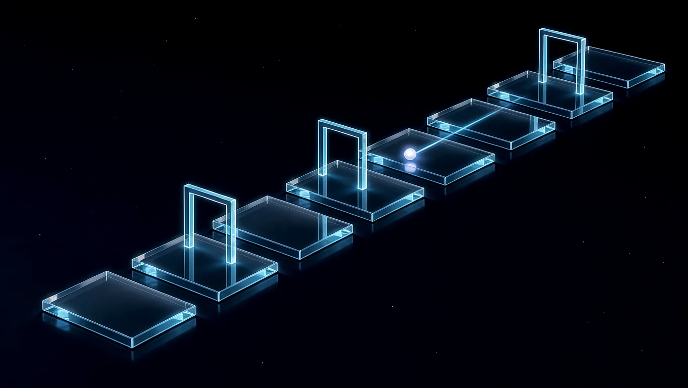 Glass tiles rising along a lit path, with gates over some of the steps