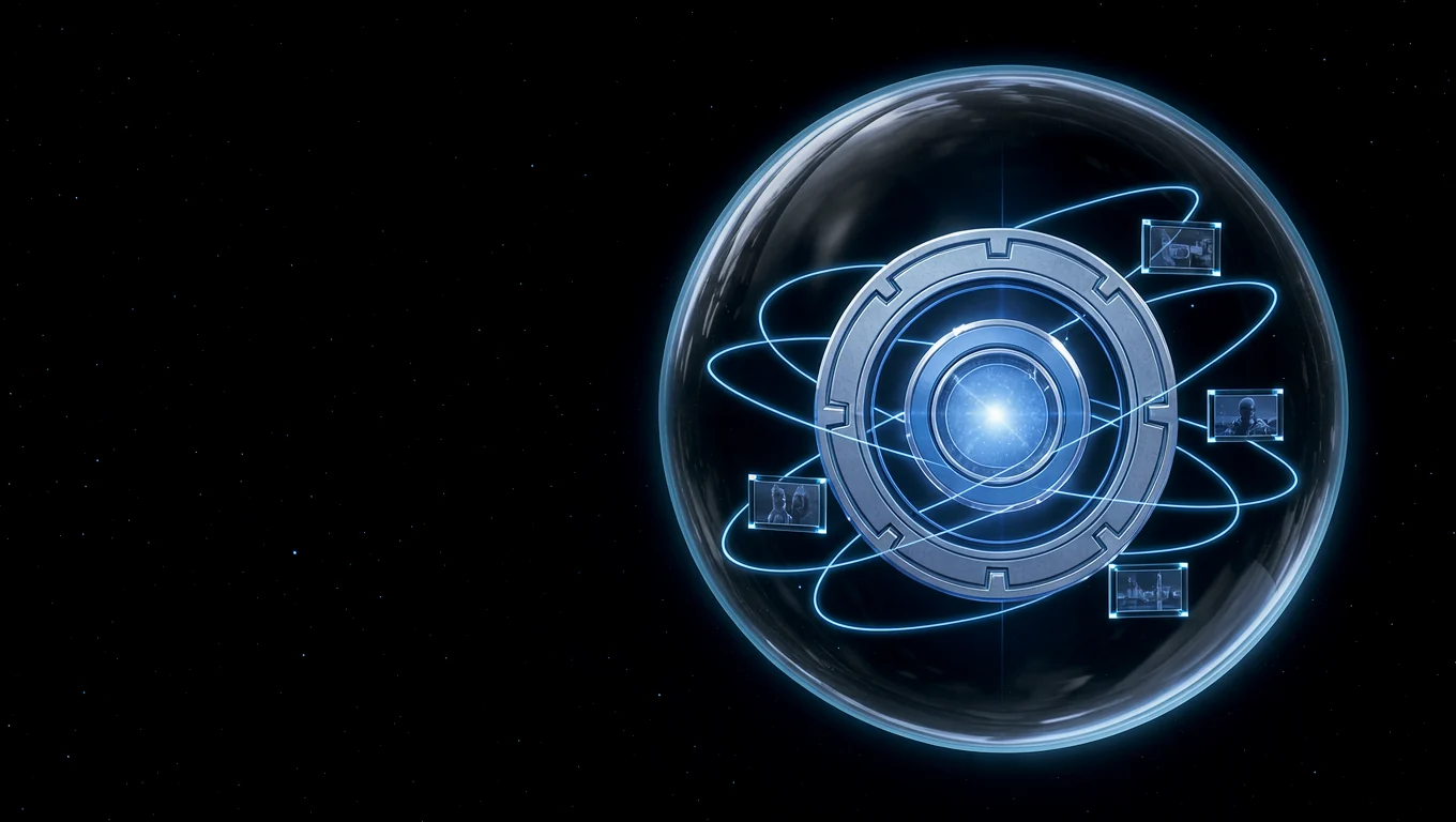 A sealed evidence emblem inside a glass sphere, with evidence frames travelling along luminous orbits
